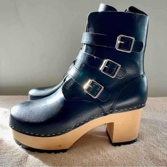 Swedish Hasbeens Buckle Boots Black Leather Platform Clog Shoes US 9 EU 39 - Picture 7 of 11